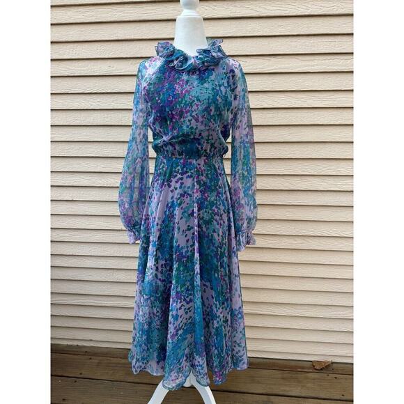 Vtg 60s Ruffle Maxi Dress M 6 8 Purple Floral Long Sleeve Modest Fairy Retro - Picture 1 of 11